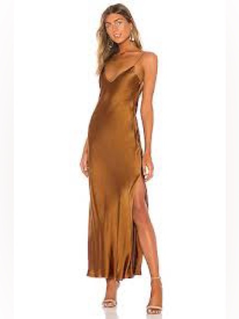 DANNIJO Mossy 100% Silk Bronze Slip Midi Dress with Slit Size S